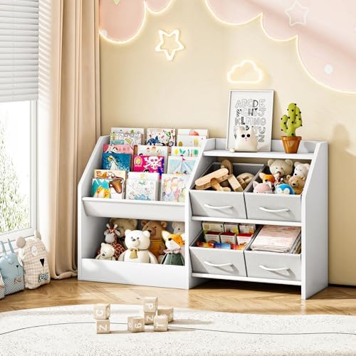 CHOEZON Kids Bookshelf with 3-Tier Oxford Fabric Slings and 4 Fabric Drawers, Toy Storage Organizer, Children's Bookcase, Toddler Bookshelf, for Kids' Room, Nursery, Bedroom, Playroom, White MCW19WB