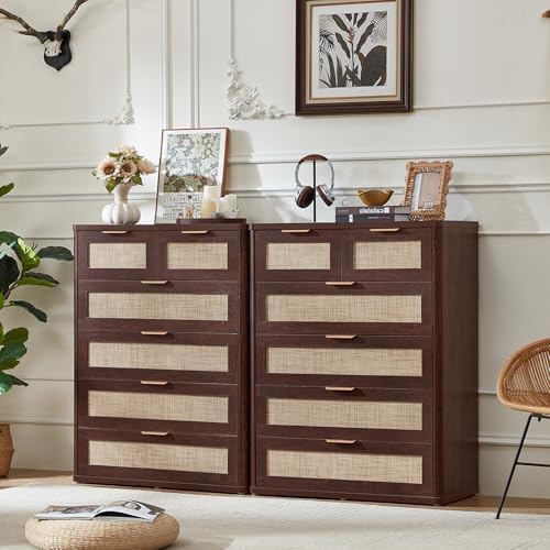 LEYAOYAO Dresser for Bedroom, 41" Tall Chest of Drawers, Modern 6 Drawers Boho Rattan Dressers with Storage, Dresser Wooden Closet Organizer for Living Room, Hallway