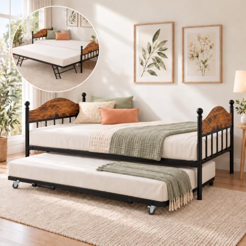 Daybed with Trundle, Metal Twin Size Day Bed with Stylish Headboard, Sofa BedFrame with Pop Up Foldable Trundle Bed, Heavy Duty Steel Slats Platform for Living Room, Bedroom and Guest Room, Brown