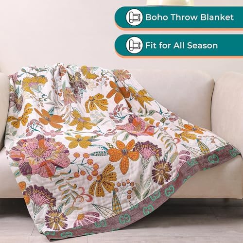 White Floral Rustic Cotton Throw Blanket Gift for Mom 60''x80''