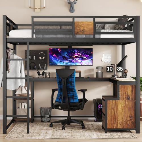 Queen Loft Bed with Desk, 2 Fabric Drawers and 2 Storage Shelves, Metal Heavy Duty Queen Size Loft Bed for Adults, Teens, No Box Spring Needed, Black