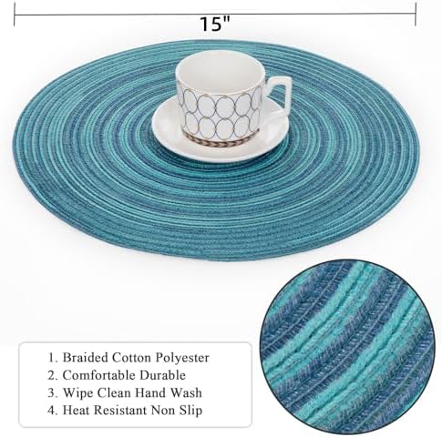SHACOS 15 inch Round Placemats Set of 4 Variegated Multicolor Place Mats Cotton Polyester Braided Non Slip Washable Heat Resistant Table Mats for Home Wedding Dinner Party Table Decor, Rainbow Teal
