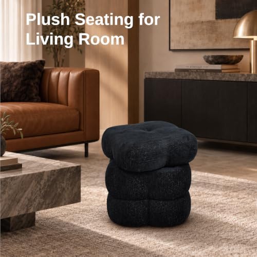 Get Set Style 360° Swivel Flower Ottoman, Linen Vanity Stool Footrest with 300LBS Capacity, No Assembly Small Space Accent Chair for Living Room Bedroom Entryway (Lux Black Gold)