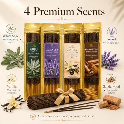 RAINFLOW Natural Incense Sticks - 80 White Sage Sandalwood Lavender Vanilla