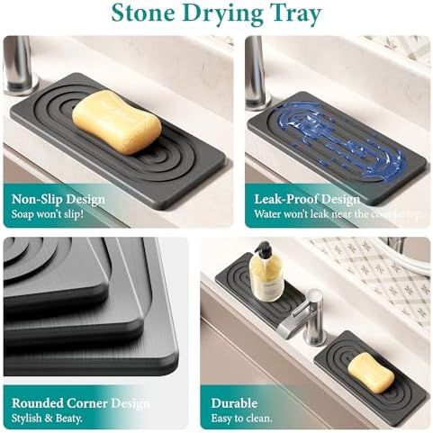 Water Absorbing Stone Tray, Quick Drying Diatomite Bathroom Tray Countertop, Stone Drying Mat for Kitchen Counter, Soap Dish Dispenser Vanity Organizer, Dark Grey-A-12.2" x 4"