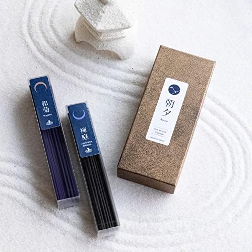 Asayu Japan Zen Incense Set, Zen Garden and Chrysanthemum, Low Smoke, 40g