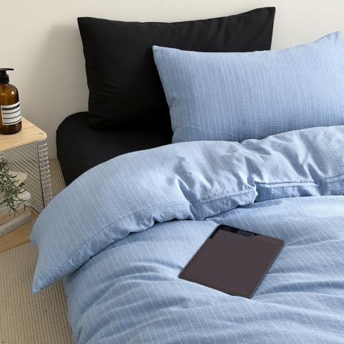 3Pcs Retro Blue Stripes Textured Duvet Cover Set Full Size, Zipper & Ties
