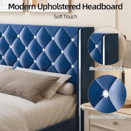 HOMBCK Bed Frame Full Size with Velvet Headboard, Silverside Wingback, Blue