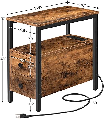 HOOBRO Set of 2 End Tables with Charging Station, Narrow Side Table with Drawers, Power Outlets, Nightstand for Small Spaces, Living Room, Stable and Sturdy, Rustic Brown and Black BF541BZP201