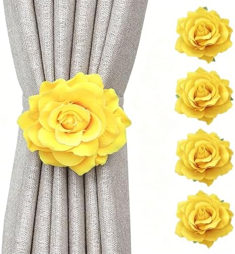 Magnetic Curtain Tiebacks, Rose Flower Tie Backs Rope for Curtains, Elegant 4 Pack Decorative Holdbacks Holders, Home Decor Thin or Sheer Window Drapries Bed Canopy (Yellow)