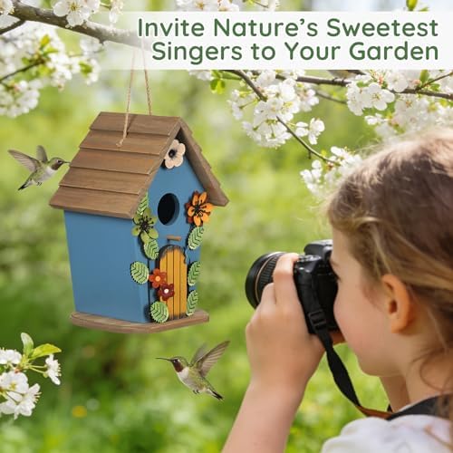 Wooden Bird Houses for Outside,Farmhouse Hanging Blue Birdhouse