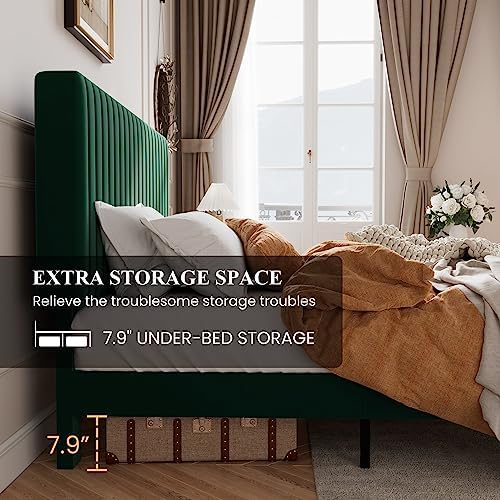 SHA CERLIN Full Upholstered Platform Bed Frame with Vertical Channel Tufted Velvet Fabric Adjustable Headboard, Wooden Slats Support, Mattress Foundation, Box Spring Optional, Green
