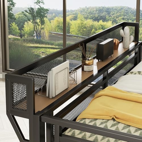 Queen Size Metal Loft Bed Frame with Desk, Staircase, Built-in Storage Shelves and Wardrobe, Modern Loft Bed with Solid Slat, Guardrail, No Box Spring Required, Easy Assembly, for Bedroom, Black