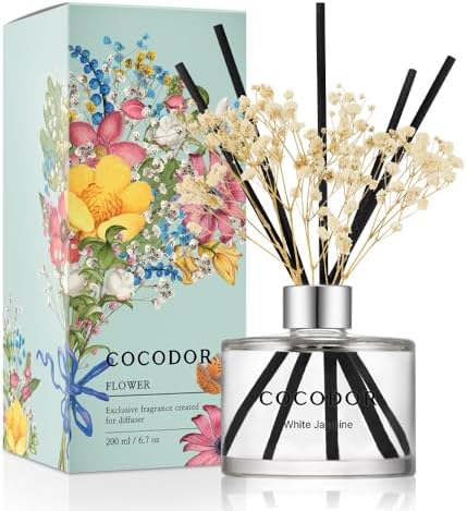 COCODOR Flower Reed Diffuser Set / 6.7oz / White Jasmine/Scent Diffuser with Sticks Home Fragrance Reed Diffuser for Bathroom Shelf Decor
