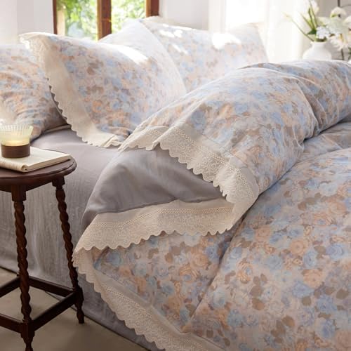 HighBuy Blue Ruffle Duvet Cover Set King Chic Muslin Cotton Floral Bedding Set,Vintage Ruffled Soft Gauze Comforter Cover,Comfortable Chic Lightweight - 1 Duvet Cover with 2 Pillowcase
