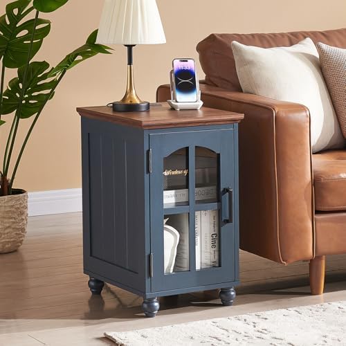 RWYHG Narrow Side Table, Farmhouse Nightstand with Charging Station