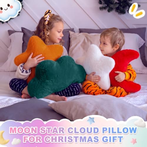 4 Pcs Plush Cloud Star Moon Throw Pillow Set, Brown, Burgundy, White, Green