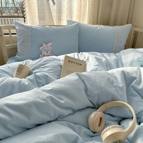 mixinni Blue White Gingham Duvet Cover Twin XL Size - 3 Piece Cottagecore Plaid Bedding Set with Lace Trim, Soft Washed Microfiber Vintage Aesthetic Grid Comforter Cover & Pillow Shams