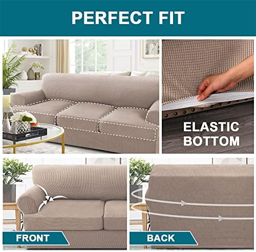 Turquoize 4 Piece T Cushion Sofa Slipcovers Stretch Couch Cover Furniture Covers with 3 Individual T Cushion Covers, Machine Washable (3 Cushion Sofa, Sand)