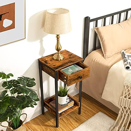 HOOBRO Tall End Table, Industrial Side Table with Drawer and Storage Shelf