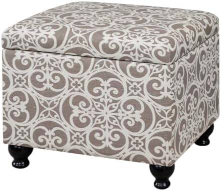 Adeco Storage Ottoman Damask Scrollwork 21" Linen Upholstered Foot Rest Stool with Hinged Lid, Heavy-Duty 360 lbs Support, Space-Saving Seat & Storage for Living Room, Bedroom, Entryway