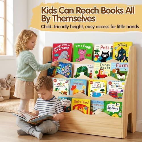 Kids Bookshelf Montessori Wooden Bookcase 4-Tier Front-Facing Organizer