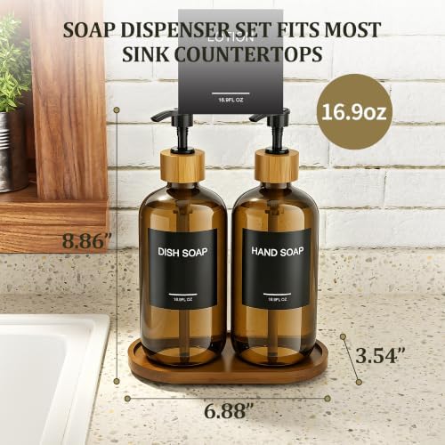 MASADI Amber Soap Dispenser Set with Tray, Dish and Hand soap Lotion Dispenser Set with Wooden Pump for Kitchen and Bathroom Decor for Counter, Modern Vintage Liquid Soap Dispensers