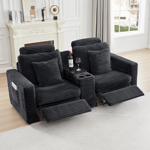 LEVNARY Modular Lift-Top Console with USB Charging and Cup Holders, Center Storage Module for Modular Reclining Sofa (Black)