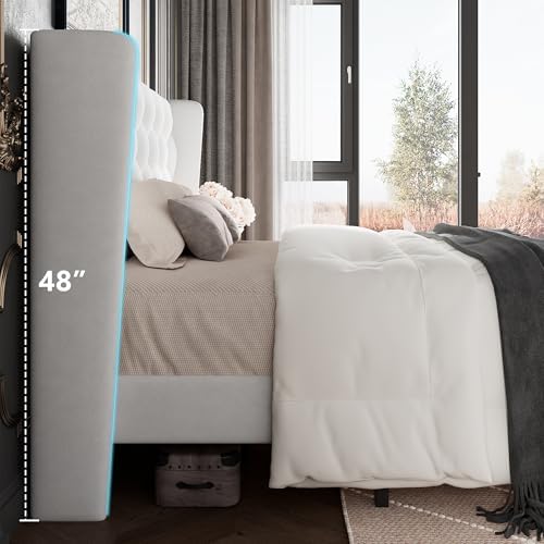 GalnFu Queen Size Bed Frame with Button Tufted Headboard, Upholstered Platform Bed Frame with UnderBed Storage, Wooden Slats Supports, Noise Free, No Box Spring Needed, Easy Assembly, White