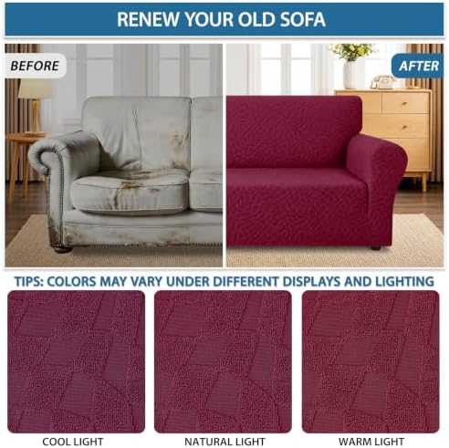 ZNSAYOTX 1 Piece Stretch Sofa Covers for 3 Cushion Couch (72"-90"), New Plaid Couch Cover with Non-Slip Buckle for Dog Pets, Ultimate Soft Cozy Washable Sofa Slipcover Form Fit Protector, Wine Red