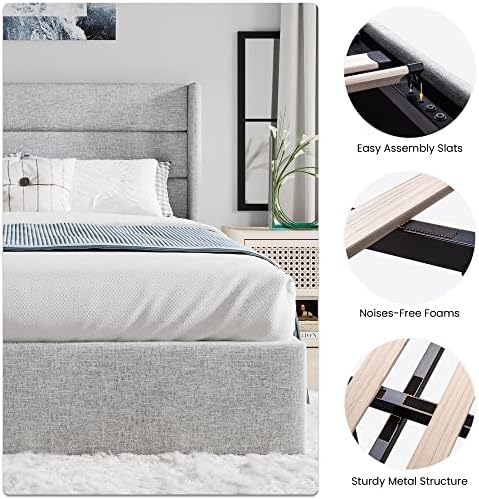 SHA CERLIN Full Size Lift Up Hydraulic Storage Bed Frame Light Grey