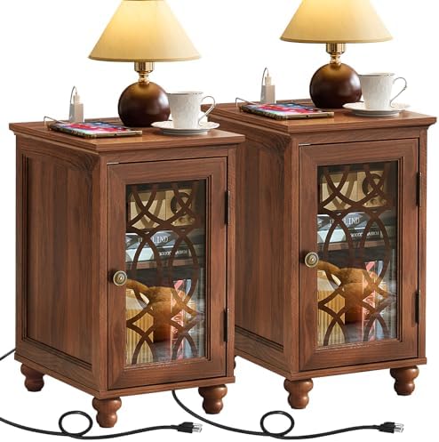 Joaxswe Narrow Side Table Set 2 with Charger, Glass Door Storage