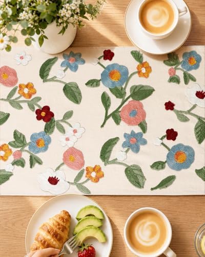 Miss Adola Embroidered Canvas Table Runner 13"x72", Botanical Style