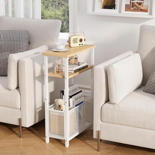 MMEOLUOOK Narrow Side Table with Storage Basket Skinny End Tables for Smalls Spaces 3 Tier Sofa Table Small Nightstand Slim Bedside Table for Living Room Bedroom Natural Wood MLBZ22Y