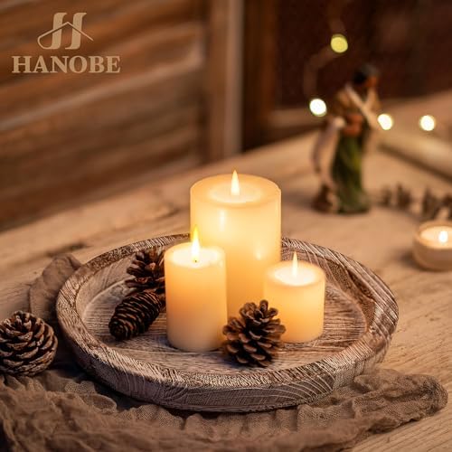 Hanobe Decorative Coffee Table Tray, Round Wood Candle Holder Plate