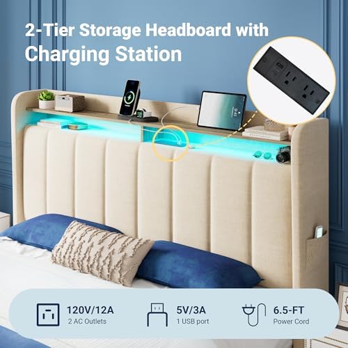 Allewie Queen Bed Frame with 2-Tier Storage Headboard & 2 Large Drawers