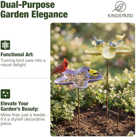 Kinsgyard 2 Pack Free Standing Tray Bird Feeders with Adjustable Pole, Wild Bird Bath for Outdoor Garden Yard Decor, Large Seed Capacity, Easy to Clean and Refill, Yellow & Purple