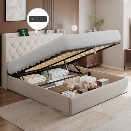 GalnFu Full Size Bed Frame with Storage, Upholstered Full Lift up Storage Bed Frame with Charging Station, Button Tufted Headboard, No Box Spring Needed, Easy Assembly, Noise Free, Beige