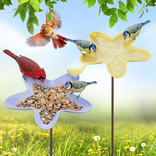Kinsgyard 2 Pack Free Standing Tray Bird Feeders with Adjustable Pole, Wild Bird Bath for Outdoor Garden Yard Decor, Large Seed Capacity, Easy to Clean and Refill, Yellow & Purple
