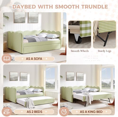 Full Size Daybed with Pop Up Trundle, Linen Gingham Full to King Daybed with USB Ports, Upholstered Day Bed Frame, Modern Sofa Bed for Living Room/Bedroom/Guest Room, No Box Spring Needed, Green