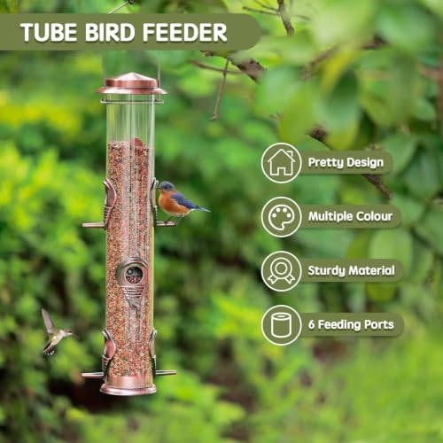 MIXXIDEA 1PK Metal Wild Bird Feeder,Squirrel Proof Bird Feeders for Outside,Hanging 6 Port Tube Bird Feeder,Finch Bird Feeder for Attracting Birds in Your Lawn, Garden, Balcony-Antique Copper