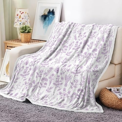 Floral Fuzzy Blanket Purple Floral Throw Blanket, Botanical Flowers Blankets, Soft, Flannel, Warm, Boho Flowers Bed Blankets All Season for Couch Bedroom Living Room 50X70 Inch