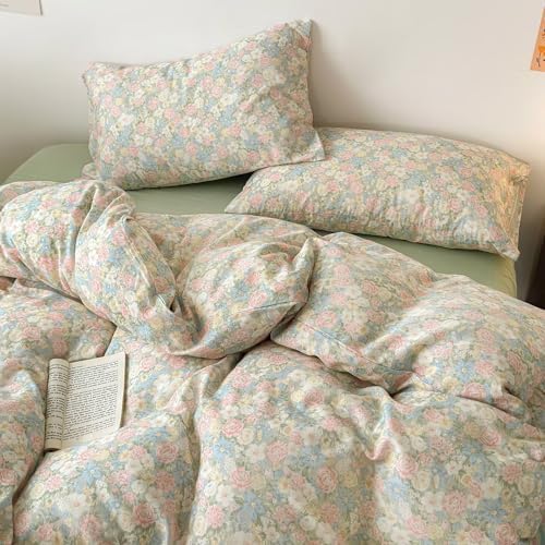 Cute 100 Cotton Duvet Cover Set 3 Pcs(1 King Size Duvet Cover with 2 Pillowcases),Green Floral Bedding Set with Zipper,Soft Lightweight Breathable Gauze Comforter Covers 104"×90"