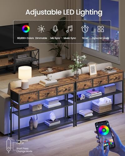 SONGMICS Console Table with Power Outlets and LED Lights, 3 Fabric Drawers