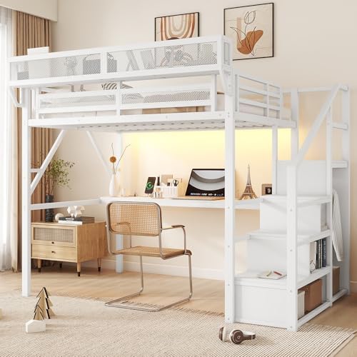 Full Size Metal Loft Bed Frame with Desk, Staircase, Built-in Storage Shelves and Wardrobe, Modern Loft Bed with Solid Slats, Guardrail, No Box Spring Required, Easy Assembly, for Bedroom, White