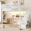 Full Size Metal Loft Bed Frame with Desk, Staircase, Built-in Storage Shelves and Wardrobe, Modern Loft Bed with Solid Slats, Guardrail, No Box Spring Required, Easy Assembly, for Bedroom, White
