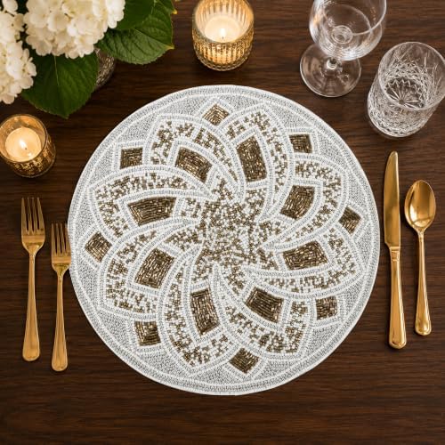 Round Glass Beaded Placemat, 13 Inch, Silver Brown