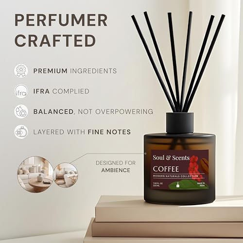 Soul & Scents Reed Diffuser Set – Coffee | 7.43 oz Refillable Scented Oil with 6 Fiber Sticks | Long-Lasting Home Fragrance & Air Freshener for Bedroom, Bathroom, Office | Gift & Décor Piece