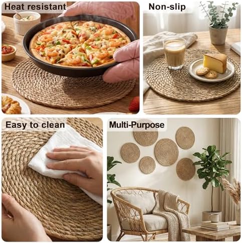 Round Woven Placemats 8PCS 13in Rattan Charger Wicker Boho Place mat