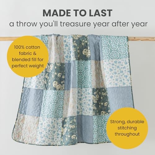 SLPR - Cotton Quilted Throw Blanket, 50" x 60" Blue Floral, Wildflowers